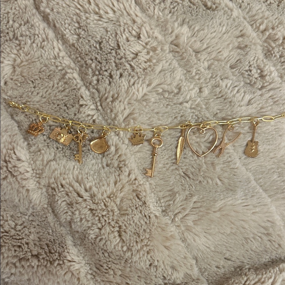 Gold Charm Link Bracelet with Heart, Key and Guitar Charms